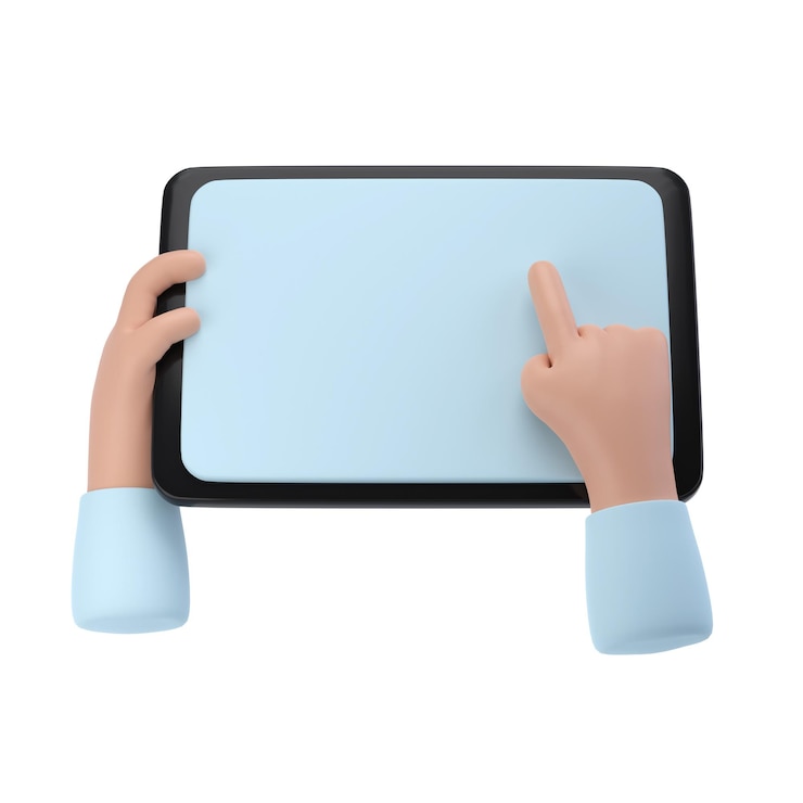 PSD 3d hands using tablet mockup icon. cartoon hand holding tablet isolated transparent png illustration