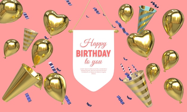 PSD 3d happy birthday banner with confetti and balloon decoration template