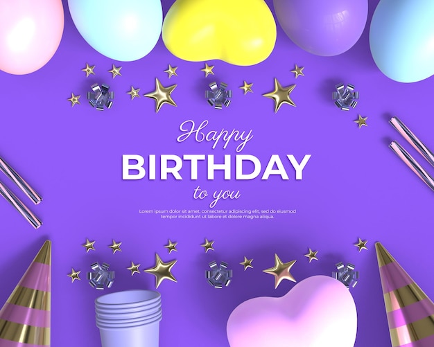 PSD banner di buon compleanno 3d con coriandoli e modello di decorazione a palloncino