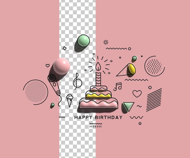 PSD 3d happy birthday text party elements background transparent psd file.