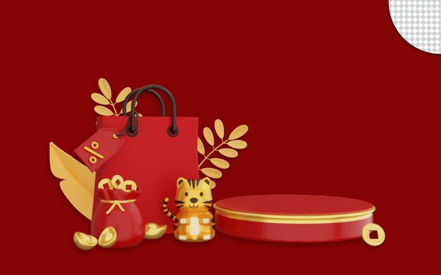 PSD 3d happy chinese new year podium display product on red background