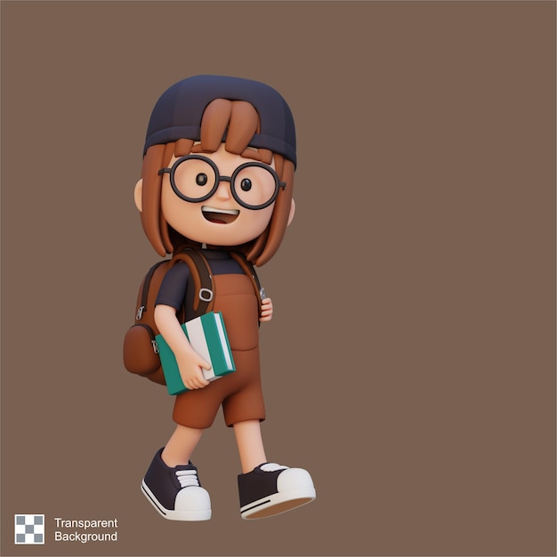 3D happy girl character walking go to school holding book
