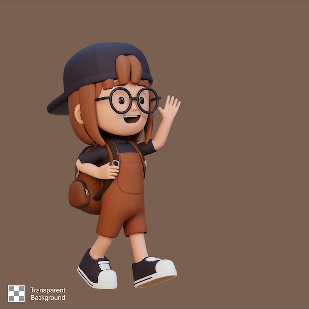 PSD 3d happy girl character walking and waving hand