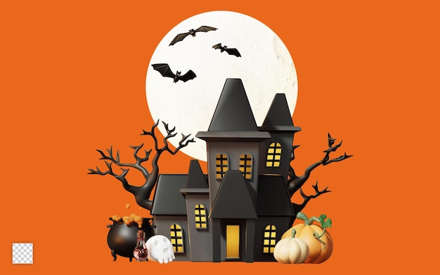 3d happy halloween illustration with black cat