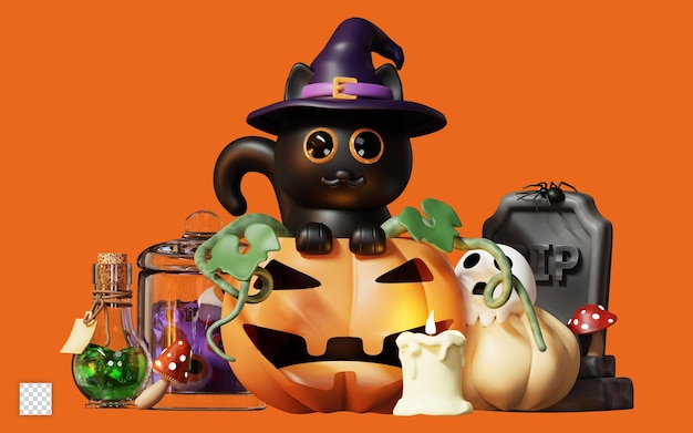 Illustrazione felice di halloween 3d con il gatto nero