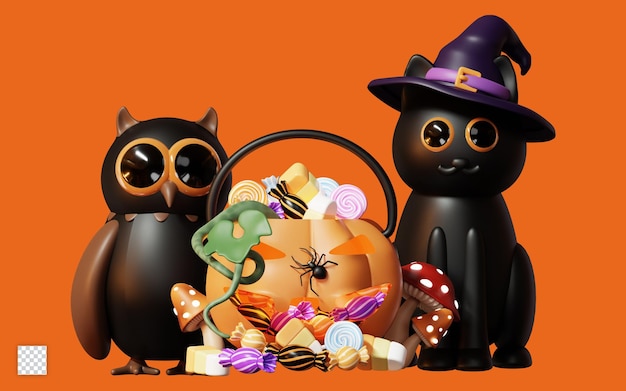 PSD 3d happy halloween illustration with black cat