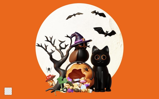 PSD 3d happy halloween illustration with black cat