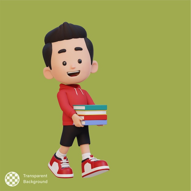 3d happy kid character holding book