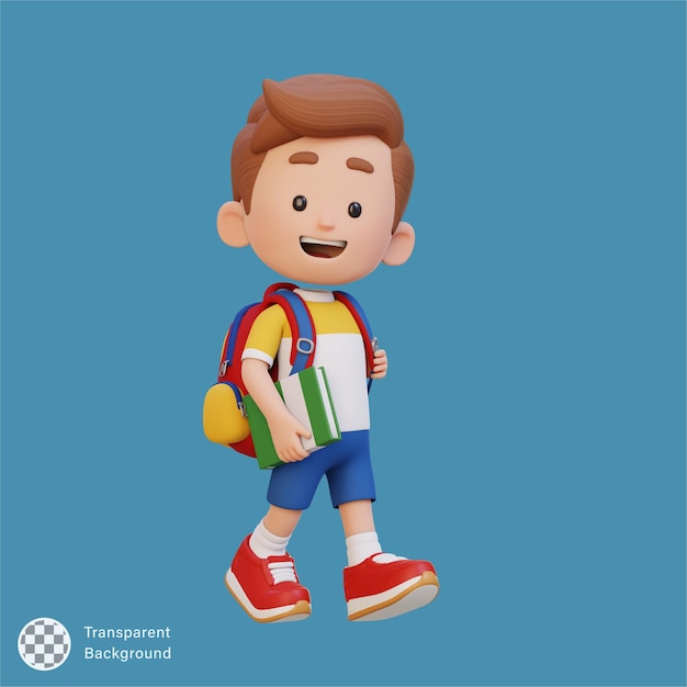 3D 행복한 아이 캐릭터 기 학교에 가서 책을 들고