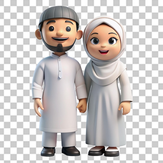 3d happy muslim couple wearing ihram clothes png