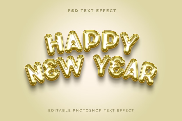 PSD 3d happy new year text effect template with golden balloon style