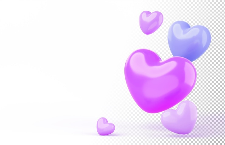 PSD 3d happy valentine day banner background render flying heart shape balloons romantic greeting card with colorful symbols of love and empty space for mother birthday or wedding