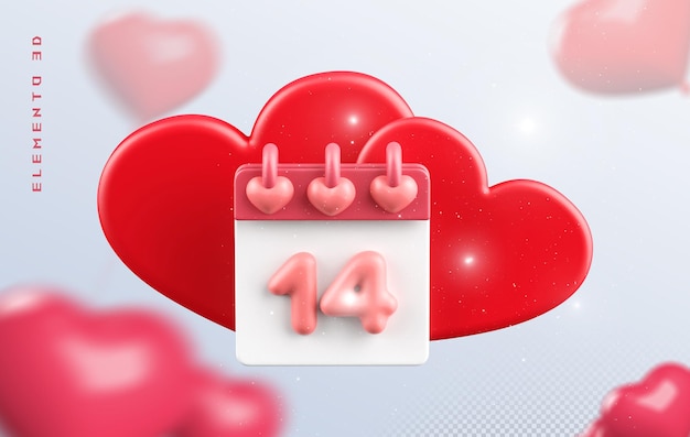 PSD 3d-hart of 3d-liefde met 14 februari kalender