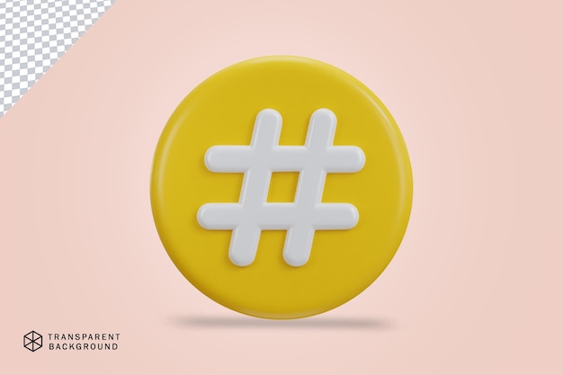 Icona hashtag 3d sull'illustrazione vettoriale del pulsante a cerchio giallo