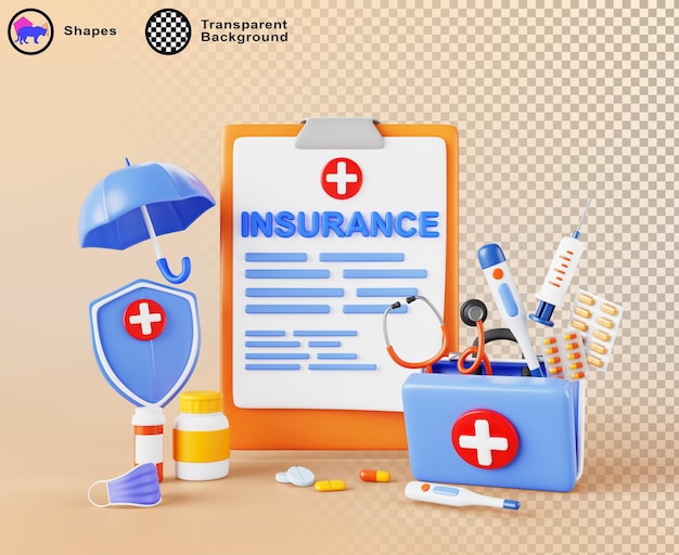 3d health insurance banner Cartoon poster of clipboard with paper policy form umbrella shield first aid kit with drugs and pills Medical protection for life guarantee investment