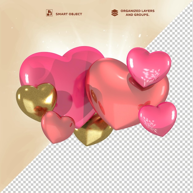 PSD 3d heart pink and gold balloons inflate metalic