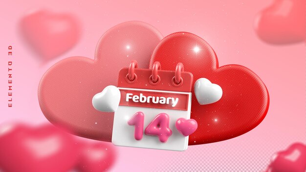 PSD 3d heart valentines day 14th february calendar