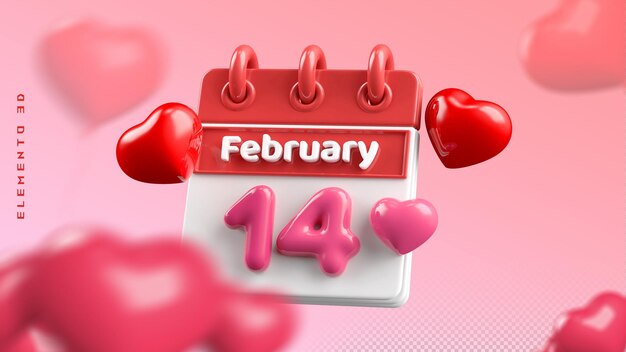 PSD 3d heart valentines day 14th february calendar