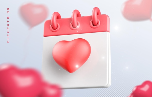 PSD cuore 3d con illustrazione di calendario