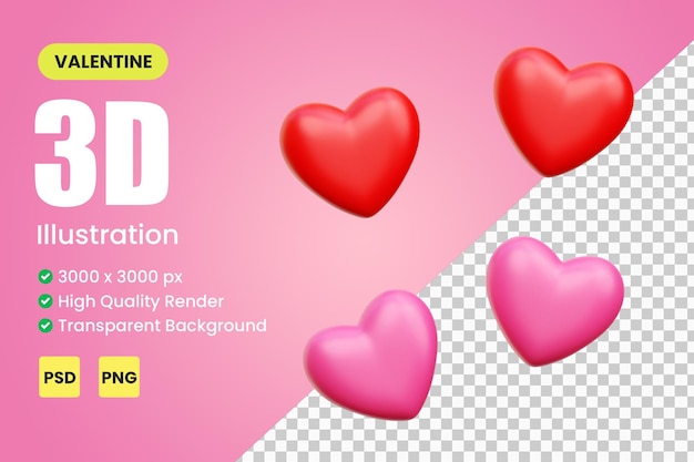 PSD 3d hearts, valentine 3d illustration