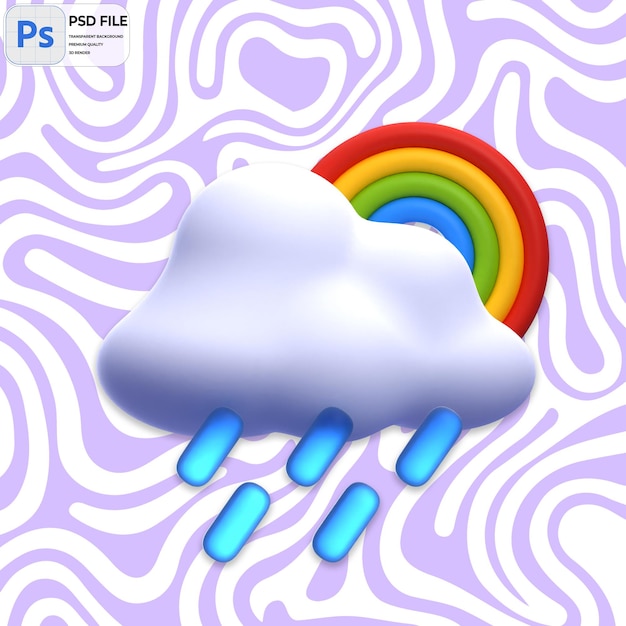 Pioggia pesante 3d con icona di rendering dell'arcobaleno isolata illustrazione png modello psd