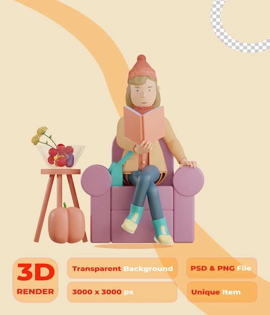 3d herfstkarakter zit op de bank en leest een boek 3d render