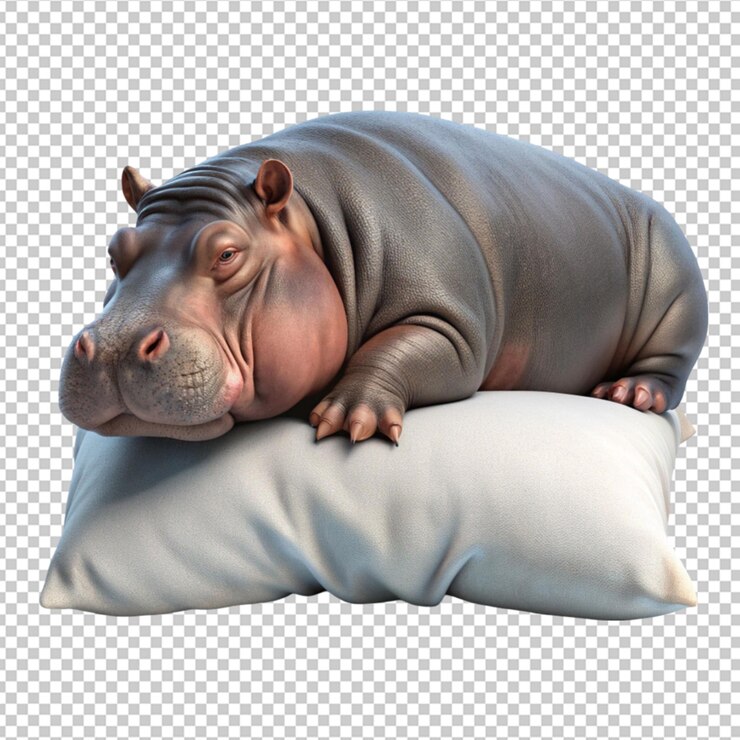 PSD 3d hippopotamus sleeps on a pillow on transparent background