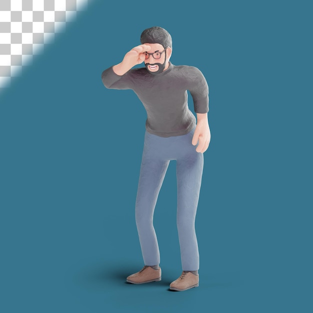 3d hipster uomo che guarda con la mano sugli occhi