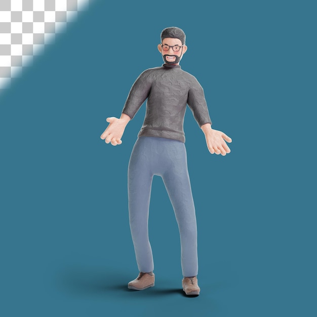 3d hipster uomo in piedi con la posa del braccio aperto