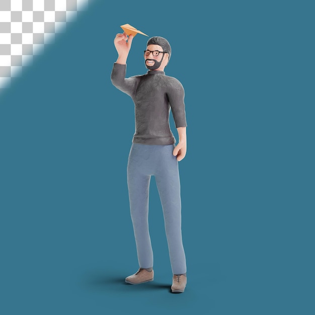 3d hipster uomo con aeroplanino di carta