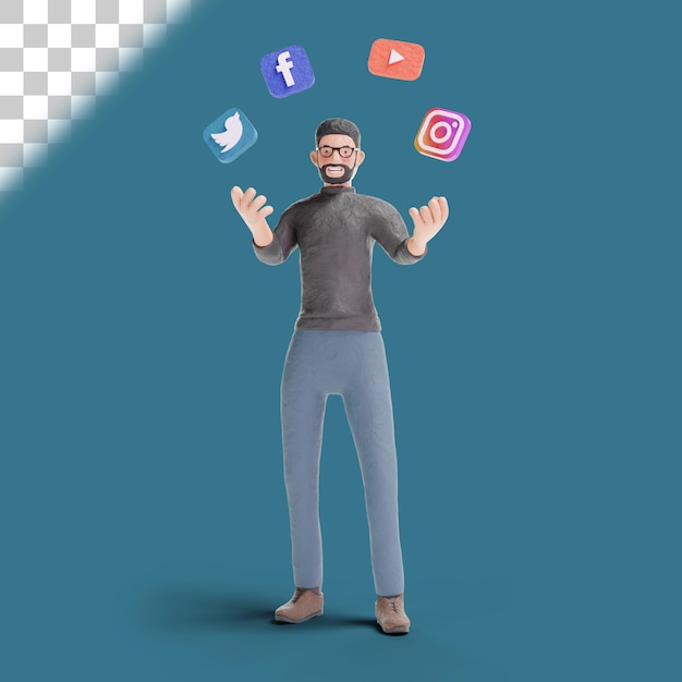 3d hipster man with social media