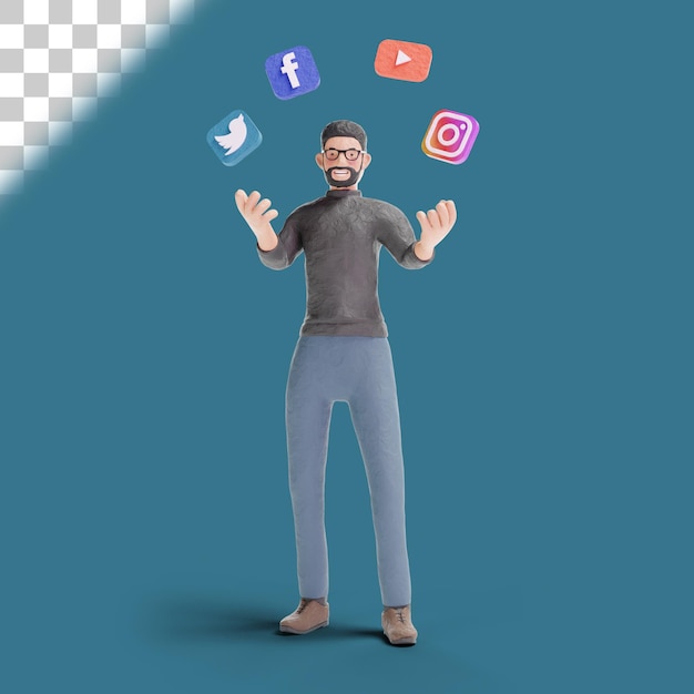 PSD 3d hipster man with social media