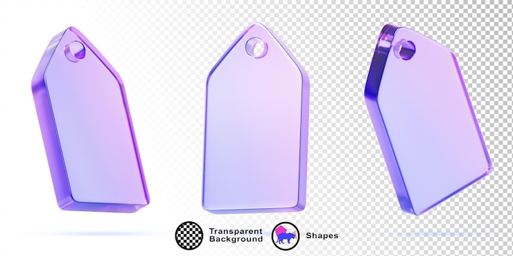 PSD 3d holograficzny szklany morfizm tag prezentowy w różnych kątach fioletowy przezroczysty prostokąt kształt z otworem render ui zestaw ikon pusty model etykiety cenowej dla sklepu towarów projektowania stron internetowych
