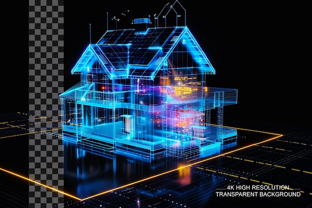 PSD 3d hologram house automation system displayed on transparent background