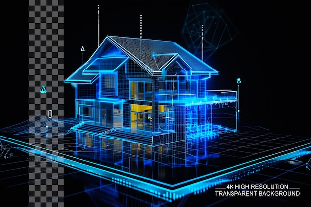PSD 3d hologram house automation system displayed on transparent background