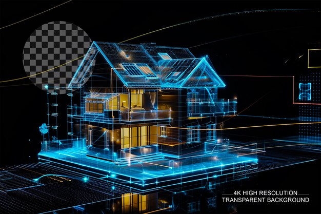 PSD 3d hologram house automation system displayed on transparent background