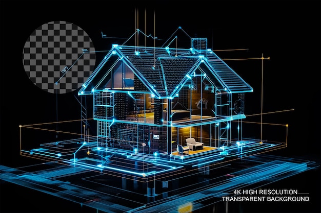 PSD 3d hologram house automation system displayed on transparent background