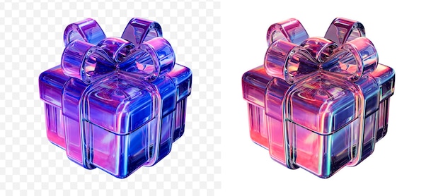 3d holographic glass gift box on isolated background present with neon colors 3d rendering