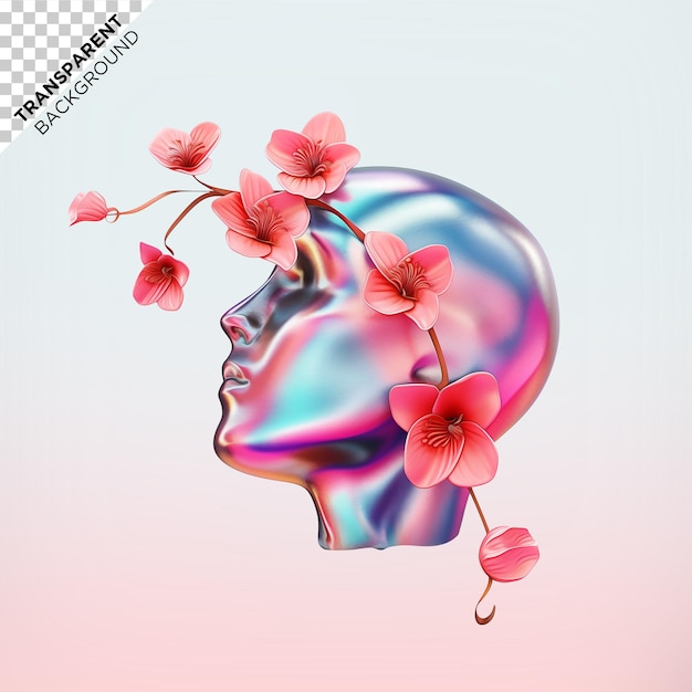 PSD 3d holographic head and flowers ilustration