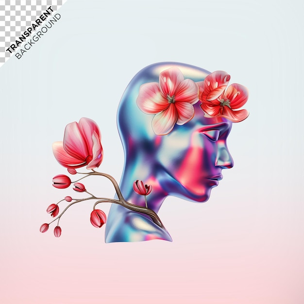 3d holographic head and flowers ilustration