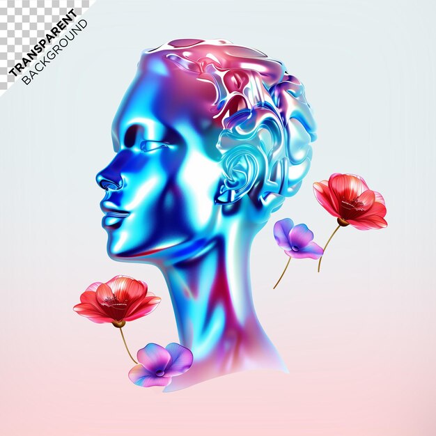 PSD 3d holographic head ilustration and flower