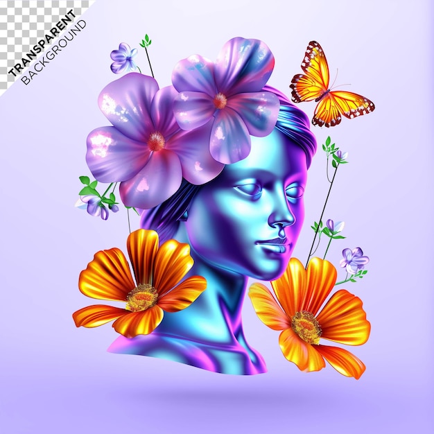 PSD illustrazione olografica 3d della donna e dei fiori