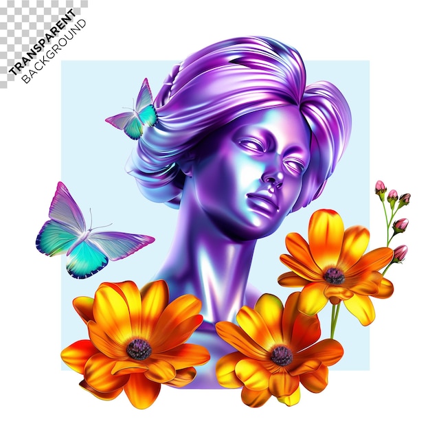 PSD 3d holographic woman with flowers and butterflies ilustration