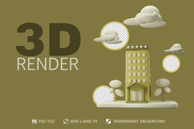 격리 된 배경으로 3D 호텔, 구름과 나무