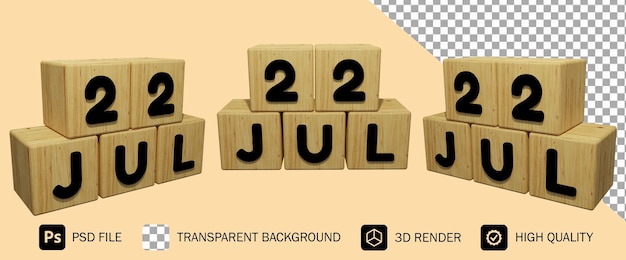 3d houten kalenderweergave van 22 juli concept illustratie premium psd