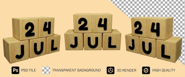 3d houten kalenderweergave van 24 juli concept illustratie premium psd