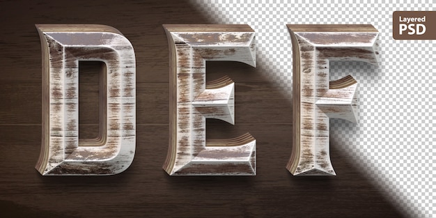 PSD 3d houten lettertypeset. letters def