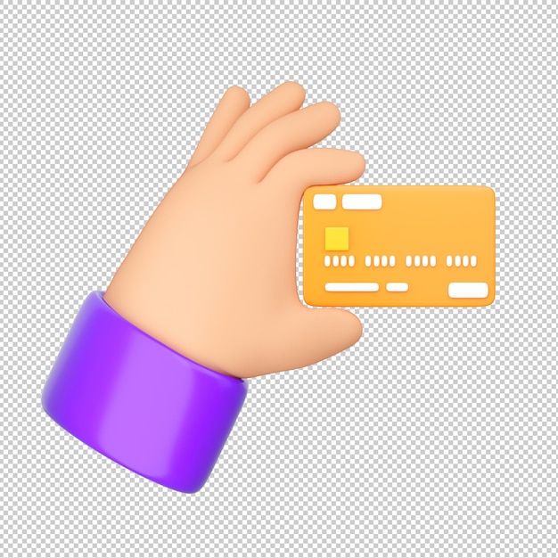 3d human hand holding bank orange credit card. online payment, mobile banking, transaction and shop