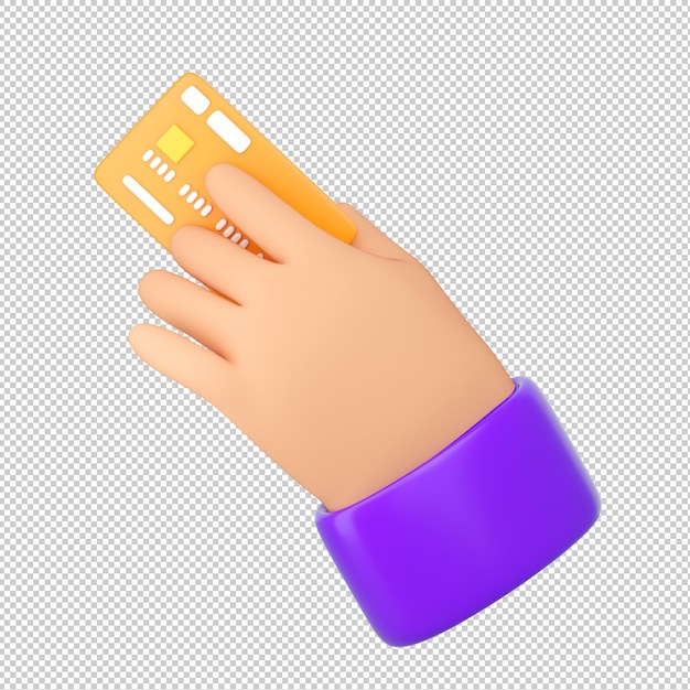 PSD 3d human hand holding bank orange credit card. online payment, mobile banking, transaction