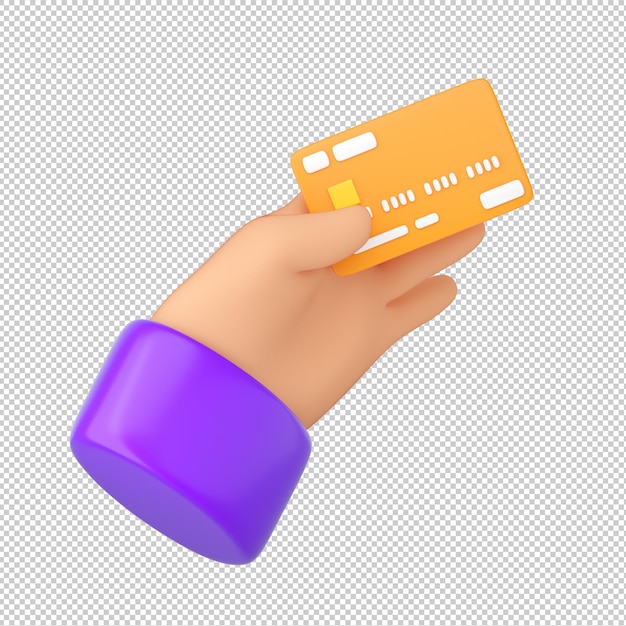 PSD 3d human hand holding bank orange credit card. online payment, mobile banking